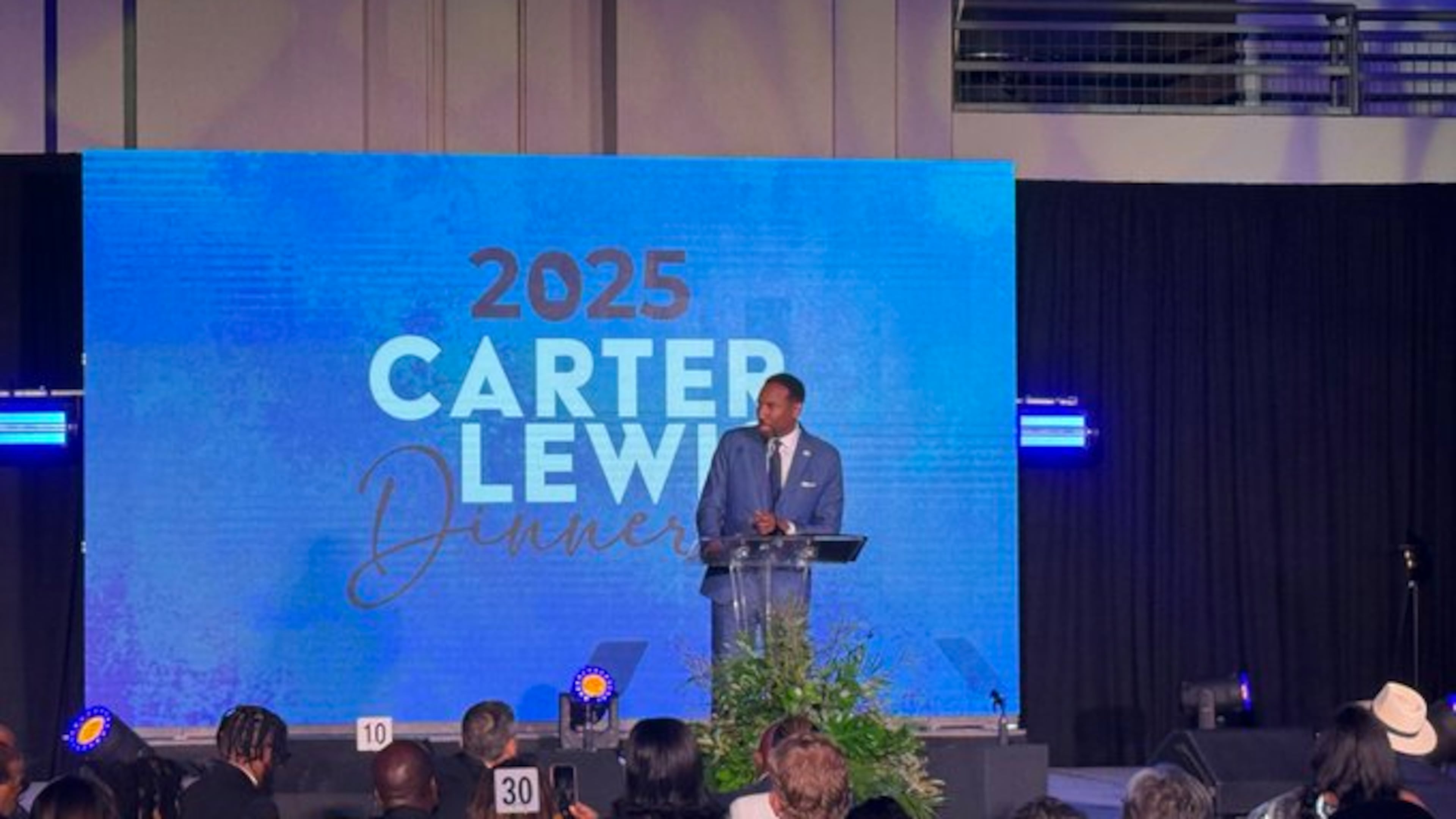 Atlanta Mayor Andre Dickens was among the speakers at the Carter-Lewis Dinner in Atlanta on Friday. (Greg Bluestein/AJC)