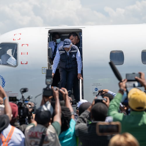 Director General of the World Health Organisation (WHO) Tedros Adhanom Ghebreyesus arrives at Bunia airport in Bunia, Congo, Saturday, May 30, 2026. (AP Photo/Moses Sawasawa)