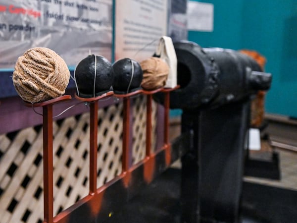 A display at the Savannah History Museum features the contents of a cannon and the order in which they were loaded. (Sarah Peacock for the AJC)