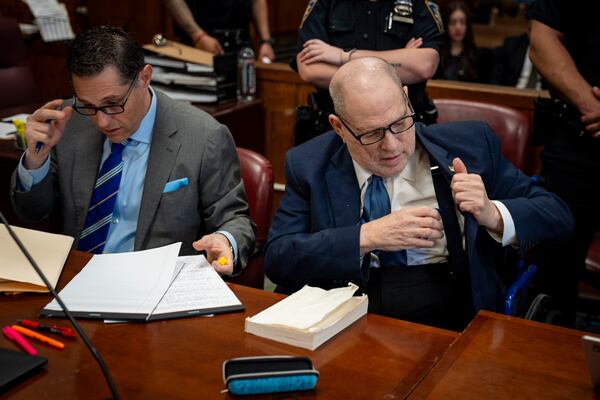 Harvey Weinstein appears in state court in Manhattan as jury selection continues in his retrial on Wednesday, April 16, 2025 in New York. (Angelina Katsanis/Pool Photo via AP)