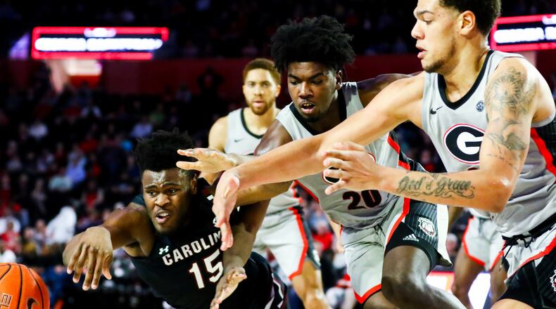 Georgia basketball player Rayshaun Hammonds (20), Georgia basketball player Rodney Howard (24) during a game against South Carolina at Stegeman Coliseum in Athens, Ga., on Wed., Feb. 12, 2020. (Photo by Tony Walsh)