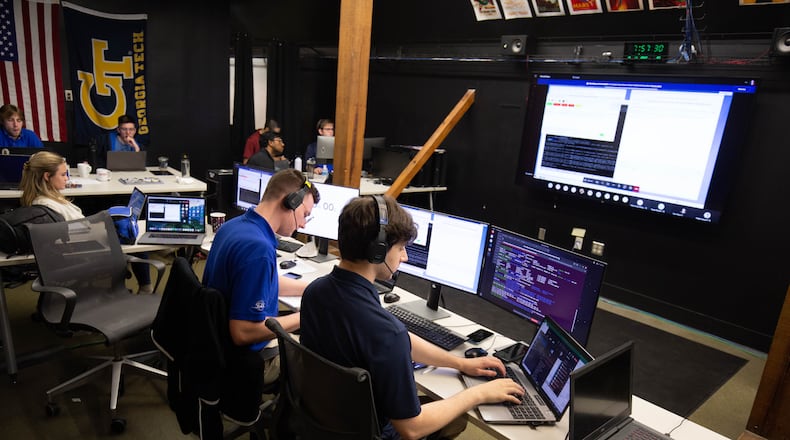 The Georgia Tech site of mission control for Lunar Flashlight is shown in this photograph from October that was taken as the team conducted a readiness test. (Courtesy of Georgia Tech)