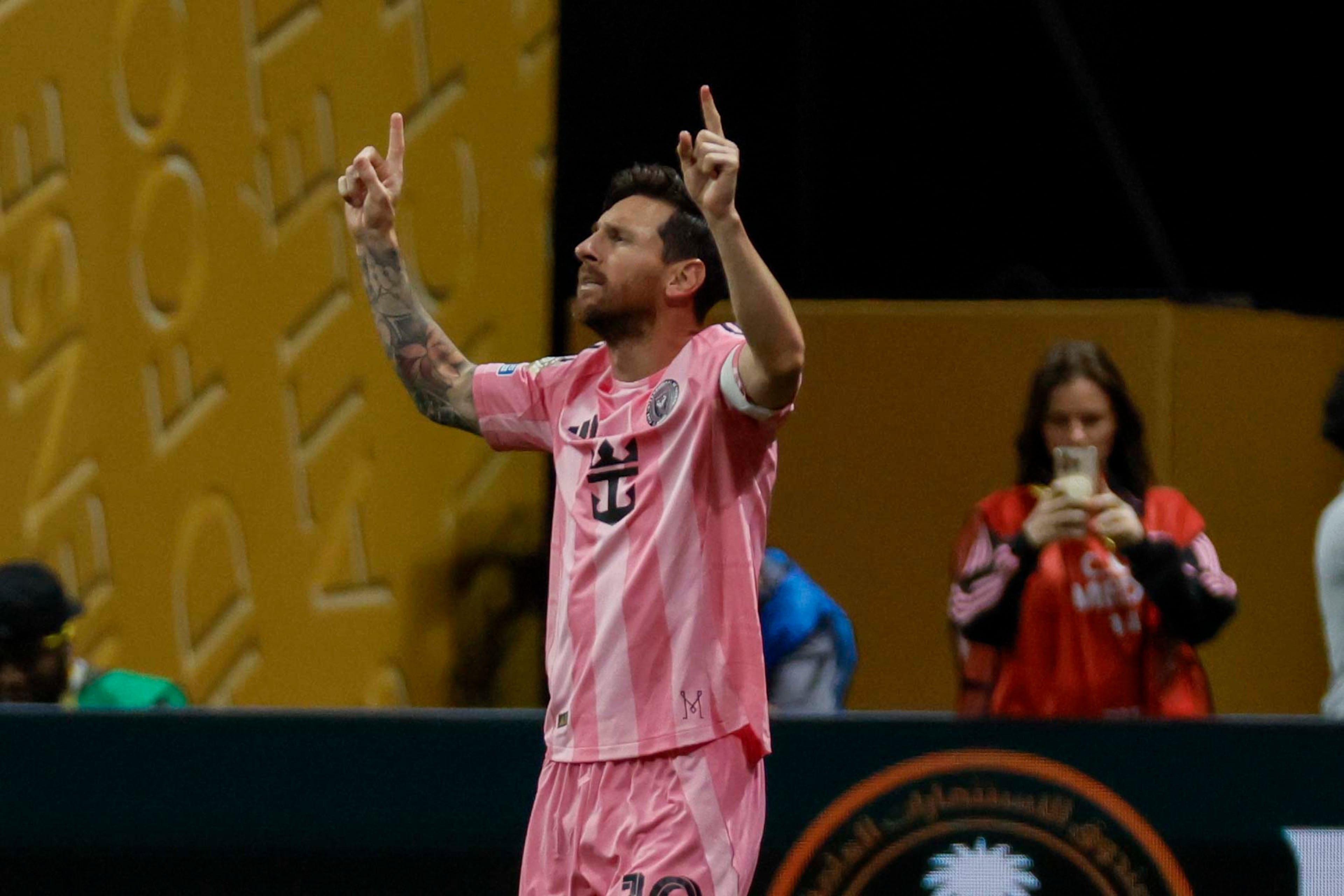 Miami forward Lionel Messi (10) reacts after his goal during the Club World Cup group A soccer match between Inter Miami and Porto FC at Mercedes-Benz Stadium on Thursday, June 19, 2025.
(Miguel Martinez/ AJC)