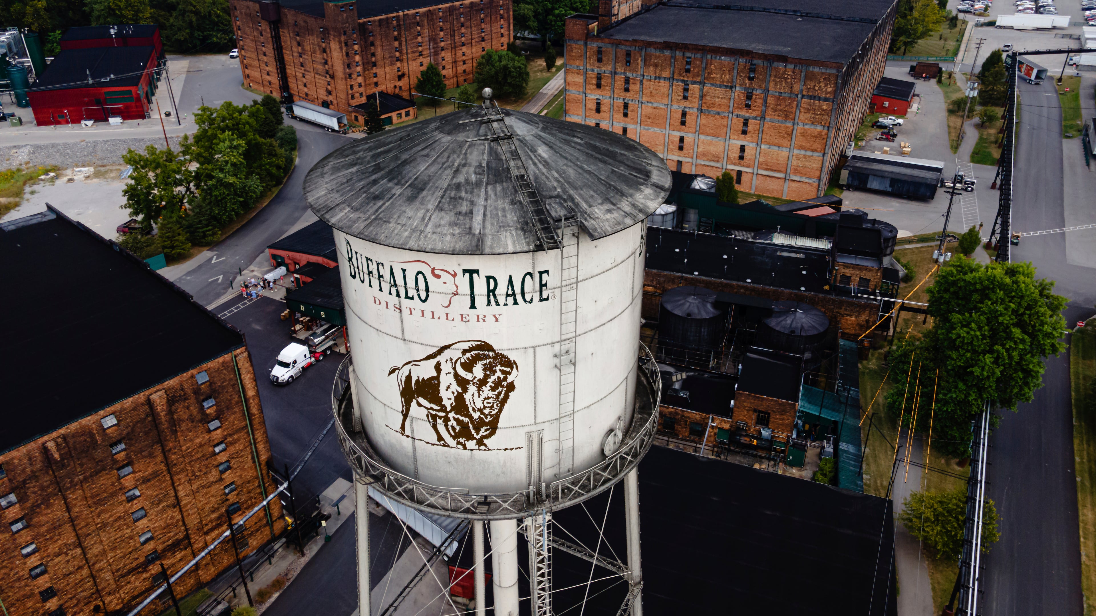 In an aerial view, the Buffalo Trace Distillery is seen on Sept. 16, 2025, in Frankfort, Ky. (AP Photo/Jon Cherry)