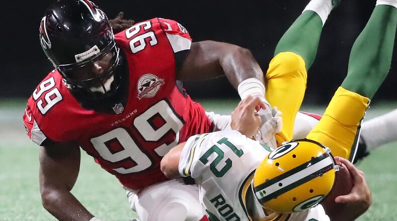 Falcons defensive end Adrian Clayborn sacks Aaron Rodgers for a loss during the Sept. 17 home opener against the Packers. Here's a week-by-week breakdown of the 2017 schedule, including the most recent win by the Falcons over the Packers. Curtis Compton/ccompton@ajc.com.