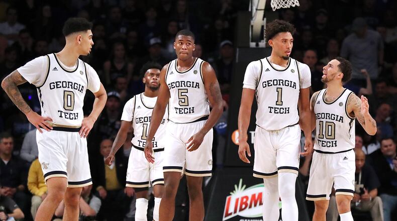 January 8, 2020 Atlanta: Georgia Tech players Michael Devoe (from left), Bubba Parham, Moses Wright, James Banks III, and Jose Alvarado take the court during the second half against Duke in a NCAA college basketball game on Wednesday, January 8, 2020, in Atlanta.  Curtis Compton ccompton@ajc.com