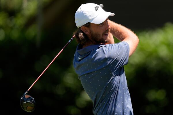 Tommy Fleetwood hits from the third hole during the third round of the RBC Heritage golf tournament, Saturday, April 19, 2025, in Hilton Head Island, S.C. (AP Photo/Mike Stewart)