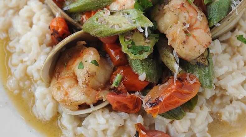Okra and Tomato Risotto with Carolina gold rice. (BECKY STEIN PHOTOGRAPHY)