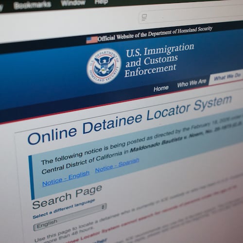 The U.S. Immigration and Customs Enforcement website used to locate someone in immigration detention is displayed, Monday, Sept. 21, 2026, in New York. (AP Photo/Rachel Leathe)
