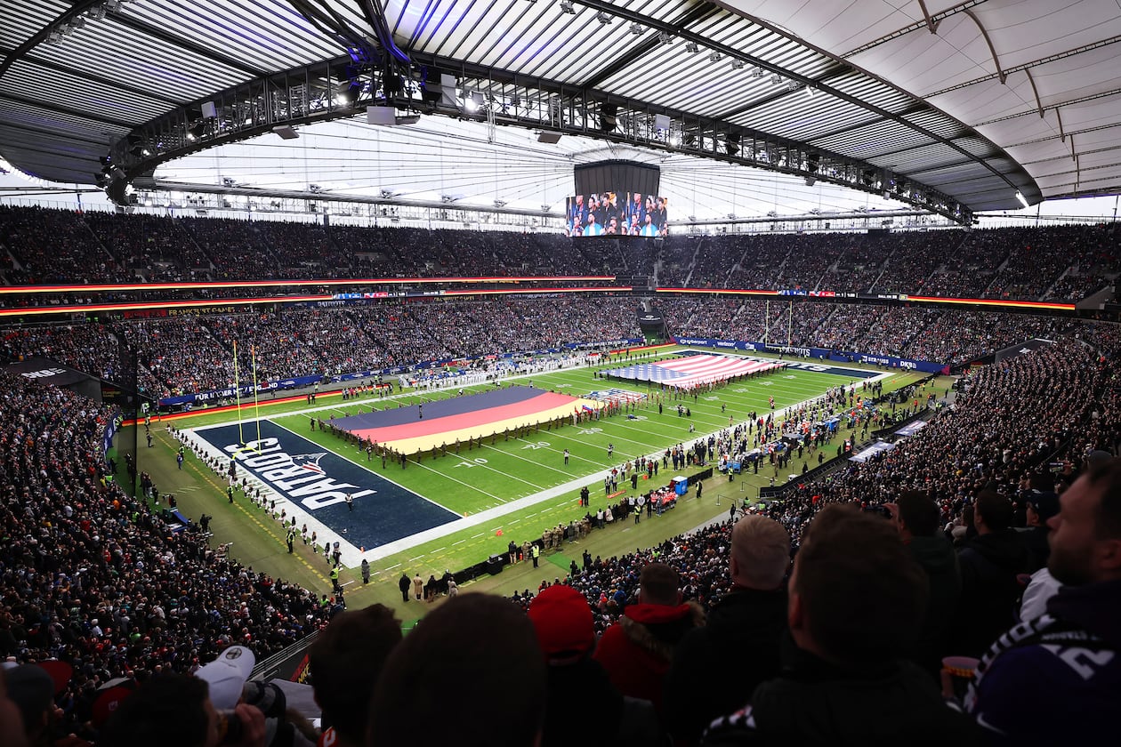 General view inside the stadium as the national anthems of Germany and the United States played prior to the NFL match between the Indianapolis Colts and the New England Patriots at Deutsche Bank Park on Sunday, Nov. 12, 2023, in Frankfurt am Main, Germany. (Alex Grimm/Getty Images/TNS)