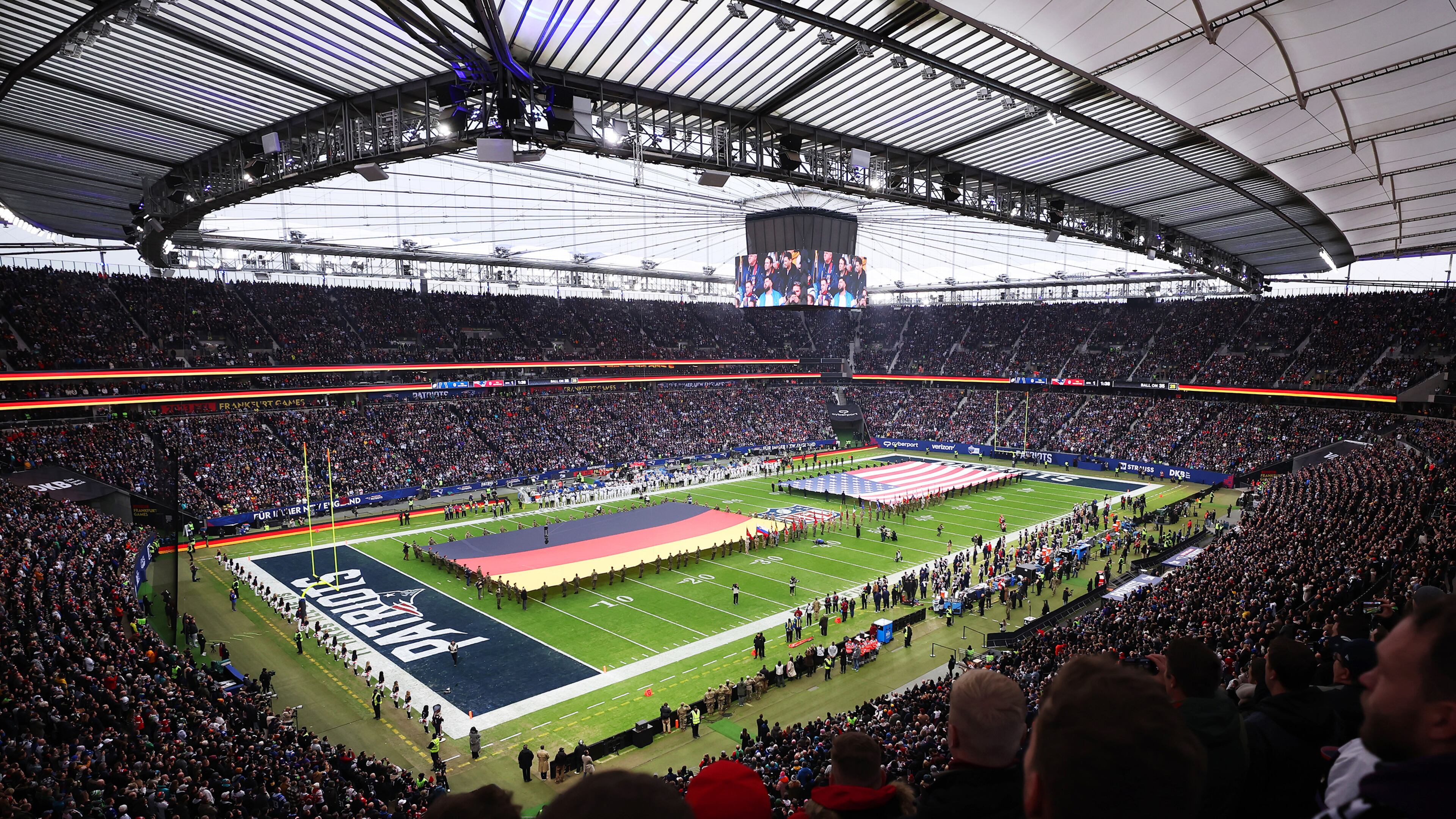 General view inside the stadium as the national anthems of Germany and the United States played prior to the NFL match between the Indianapolis Colts and the New England Patriots at Deutsche Bank Park on Sunday, Nov. 12, 2023, in Frankfurt am Main, Germany. (Alex Grimm/Getty Images/TNS)