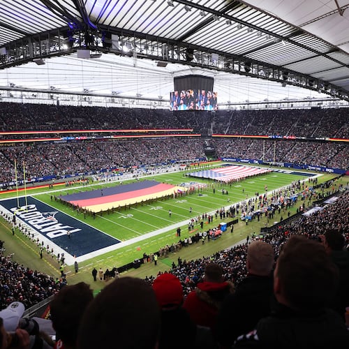 General view inside the stadium as the national anthems of Germany and the United States played prior to the NFL match between the Indianapolis Colts and the New England Patriots at Deutsche Bank Park on Sunday, Nov. 12, 2023, in Frankfurt am Main, Germany. (Alex Grimm/Getty Images/TNS)