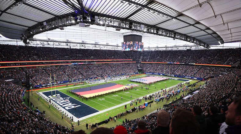 General view inside the stadium as the national anthems of Germany and the United States played prior to the NFL match between the Indianapolis Colts and the New England Patriots at Deutsche Bank Park on Sunday, Nov. 12, 2023, in Frankfurt am Main, Germany. (Alex Grimm/Getty Images/TNS)