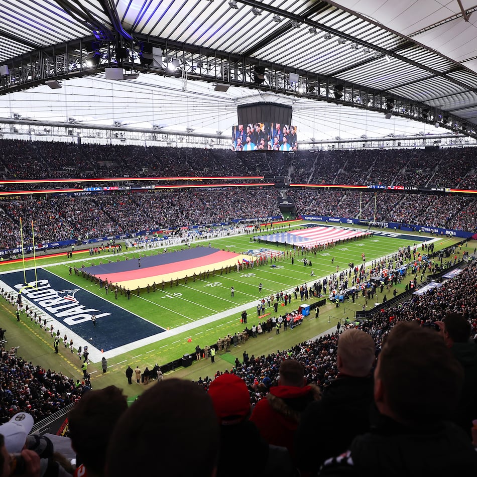 General view inside the stadium as the national anthems of Germany and the United States played prior to the NFL match between the Indianapolis Colts and the New England Patriots at Deutsche Bank Park on Sunday, Nov. 12, 2023, in Frankfurt am Main, Germany. (Alex Grimm/Getty Images/TNS)