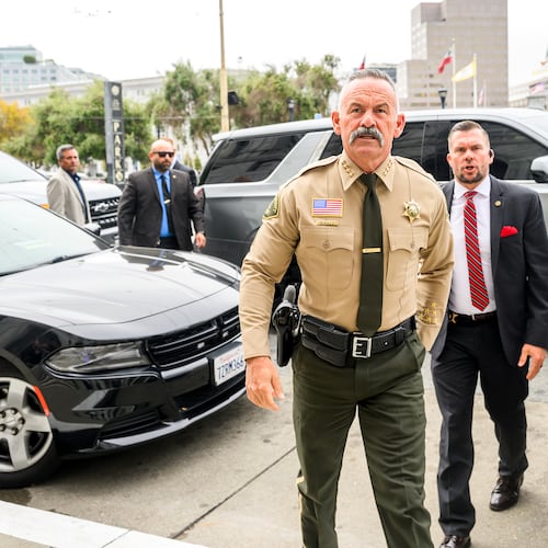 Riverside County Sheriff Chad Bianco arrives at the Supreme Court of California for a hearing about his seizure and recount of more than half a million 2025 election ballots on Monday, Aug. 24, 2026, in San Francisco. (AP Photo/Noah Berger)