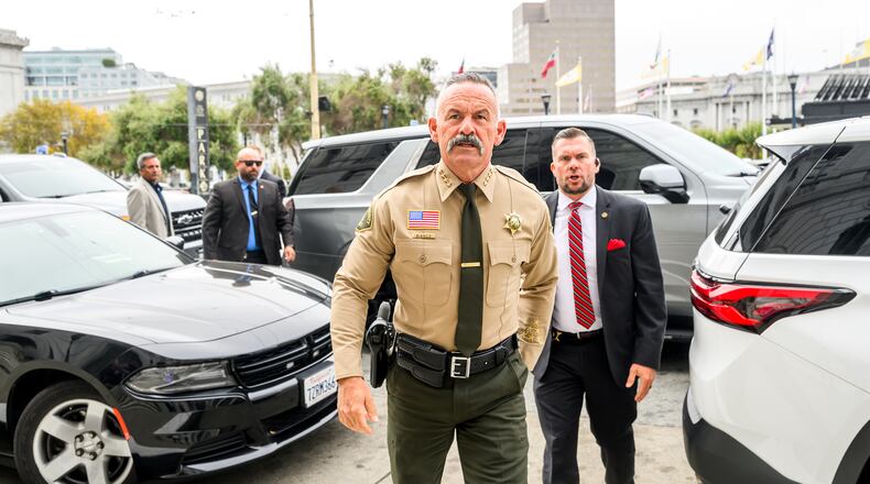 Riverside County Sheriff Chad Bianco arrives at the Supreme Court of California for a hearing about his seizure and recount of more than half a million 2025 election ballots on Monday, Aug. 24, 2026, in San Francisco. (AP Photo/Noah Berger)