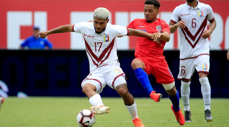 Venezuela's Josef Martinez controls the ball during the game against the US men's national team Sunday, June 9, 2019, at Nippert Stadium in Cincinnati, Ohio.