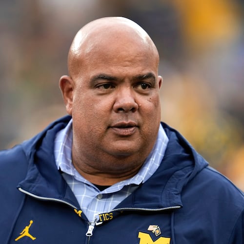 FILE - Michigan athletic director Warde Manuel watches in the second half of an NCAA college football game against UNLV in Ann Arbor, Mich., Sept. 9, 2023. (AP Photo/Paul Sancya, File)