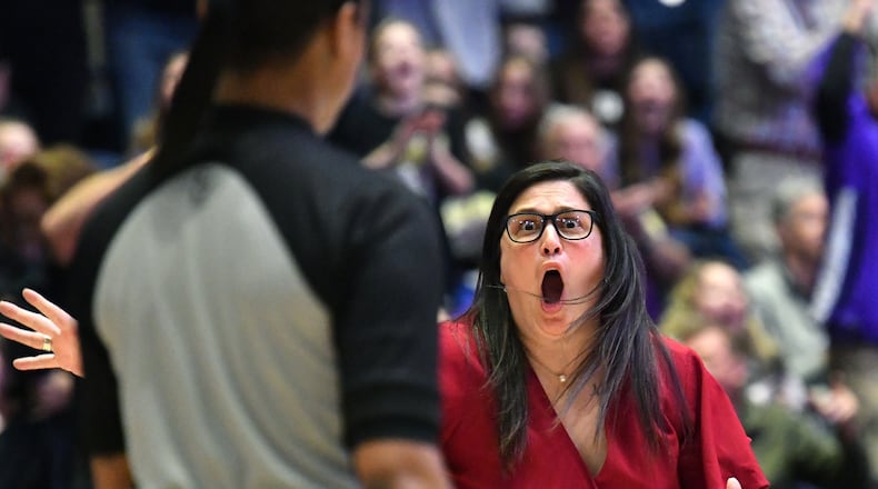 Greater Atlanta Christian head coach Jessica Guarneri appeals to a referee during the 2022 GHSA State Basketball Class AAA Girls Championship game at the Macon Centreplex in Macon on Friday, March 11, 2022. (Hyosub Shin/hshin@ajc.com)