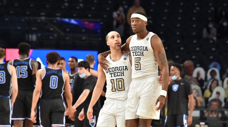 Georgia Tech guard Jose Alvarado (10) and forward Moses Wright (5) in a game at Georgia Tech's McCamish Pavilion in Atlanta on Tuesday, March 2, 2021. Georgia Tech won 81-77 over Duke in overtime. (Hyosub Shin / Hyosub.Shin@ajc.com)