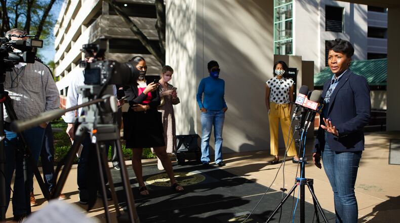Cobb County chairwoman Lisa Cupid answers questions about the MLB’s decision to move the All-Star Game out of Georgia during a press conference on Friday, April 2, 2021 at the Cobb County Government building in Marietta, Georgia. The decision to move the event was made in response to the state legislature's passage of a new voting law, that critics say will limit voting rights for residents of the state. CHRISTINA MATACOTTA FOR THE ATLANTA JOURNAL-CONSTITUTION