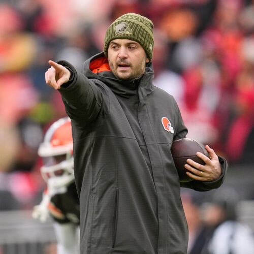 Cleveland Browns offensive coordinator Tommy Rees gestures before an NFL football game against the San Francisco 49ers, Sunday, Nov. 30, 2025, in Cleveland. (Sue Ogrocki/AP)