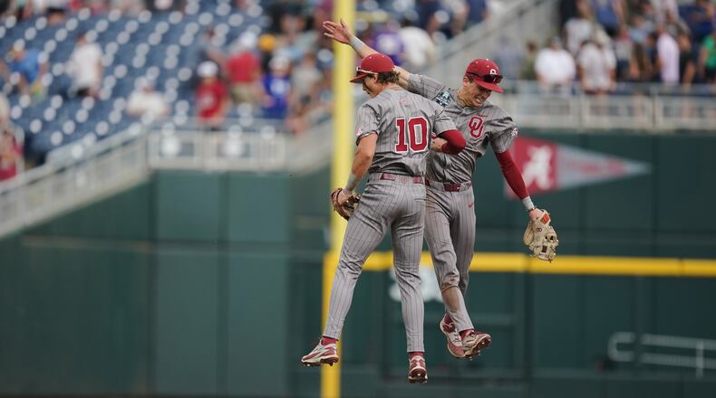 Oklahoma catcher Brendan Brock (10) and infielder Kyle Branch (6) celebrate after an NCAA baseball College World Series game, Saturday, June 13, 2026 in Omaha, Neb. Oklahoma won 9-0. (AP Photo/Vera Nieuwenhuis)