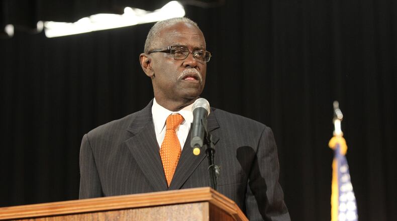 Mayor of the City of South Fulton William “Bill” Edwards speaks to the crowd at the Inauguration Ceremony of the City of South Fulton Mayor & City Council in April. HENRY TAYLOR / AJC FILE PHOTO