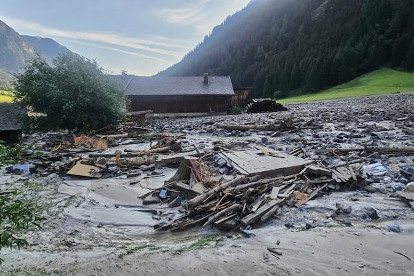 A mudslide covered homes and a street in the Gschnitztal valley in Tyrol, Austria, Tuesday, July 1, 2025. (BFV IBK-Land via AP)