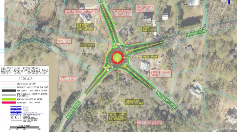 A new roundabout at Bethany Road at Providence Road is one of three intersection projects Milton is considering. (Courtesy City of Milton)