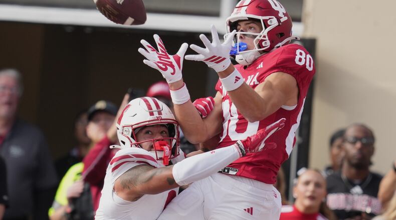 FILE - Indiana wide receiver Charlie Becker makes a touchdown catch over Wisconsin safety Austin Brown (9) during the first half of an NCAA college football game, Saturday, Nov. 15, 2025, in Bloomington, Ind. (AP Photo/Darron Cummings, file)