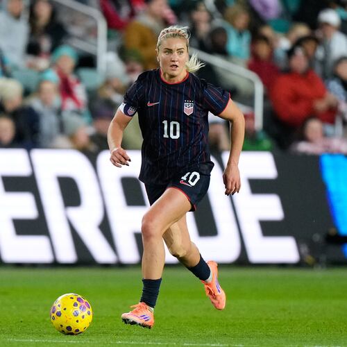 FILE - United States midfielder Lindsey Heaps kicks the ball during the second half of a women's international friendly soccer match against New Zealand, Wednesday, Oct. 29, 2025, in Kansas City, Mo. (AP Photo/Charlie Riedel, file)