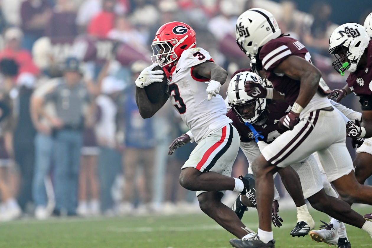Georgia running back Nate Frazier (3) runs for a first down during the second half in an NCAA football game at Davis Wade Stadium, Saturday, November 8, 2025, in Starkville, Mississippi. Georgia won 41-21 over Mississippi State. (Hyosub Shin/AJC)