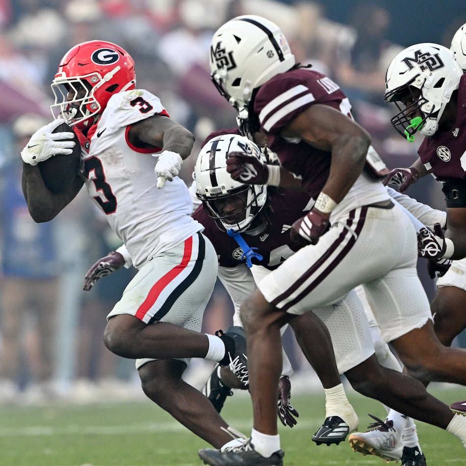 Georgia running back Nate Frazier (3) runs for a first down during the second half in an NCAA football game at Davis Wade Stadium, Saturday, November 8, 2025, in Starkville, Mississippi. Georgia won 41-21 over Mississippi State. (Hyosub Shin/AJC)