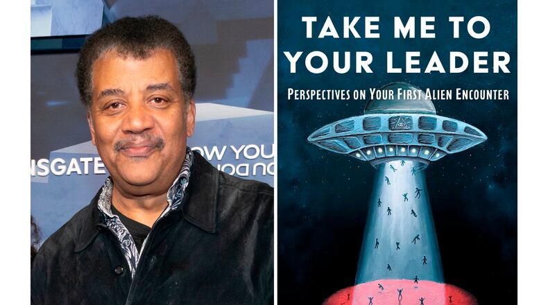 This combination of images shows Neil deGrasse Tyson at a premiere of "Now You See Me: Now You Don't" in New York on Nov. 10, 2025, left, and cover art for his book "Take Me to Your Leader: Perspectives on Your First Alien Encounter." (AP Photo, left, and Simon & Schuster via AP)