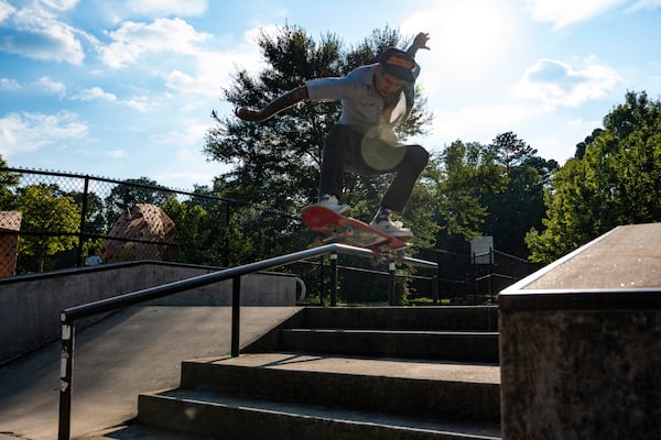 Paco Talavera, a former professional skateboarder and current cook at Lure, skates at DeShong Park in Stone Mountain. (Olivia Bowdoin for the AJC)