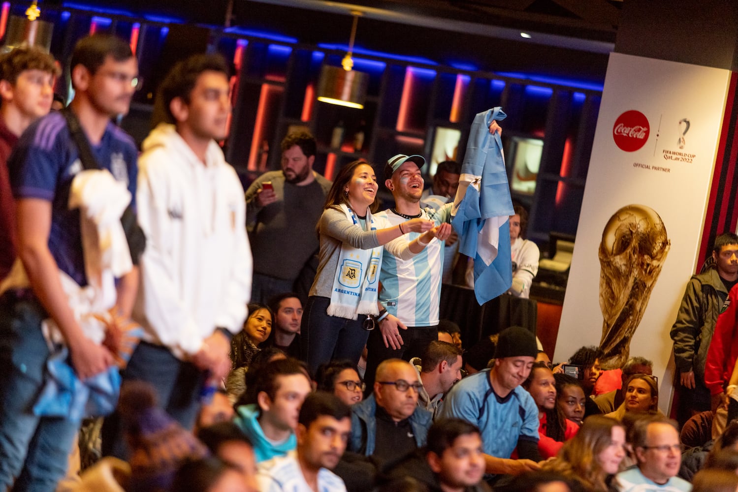 Argentina fans cheer during a World Cup Watch Party at the Roxy in Atlanta, on Sunday, December 18, 2022.(Photo/Jenn Finch)