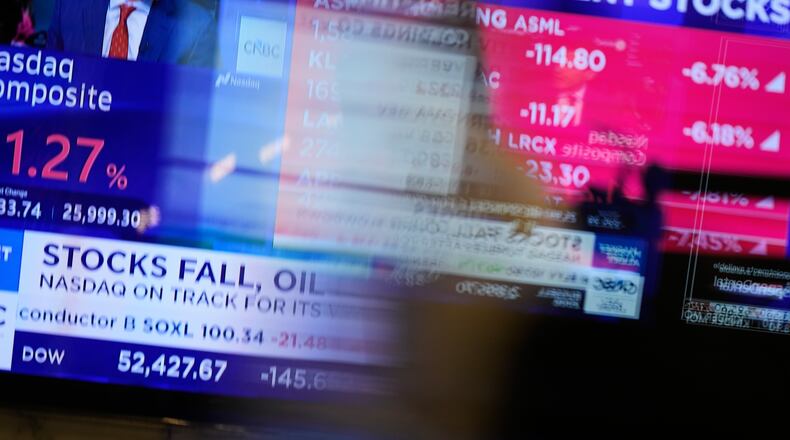 Electronic displays show financial news on the floor at the New York Stock Exchange in New York, Monday, Sept. 14, 2026. (AP Photo/Seth Wenig)