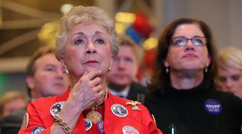 November 8, 2016, ATLANTA: Phyllis Slaght and other Georgia voters remain glued to the screen watching presidential returns at the Republican Watch party at the Grand Hyatt, Buckhead, on Tuesday, Nov. 7, 2016, in Atlanta. Curtis Compton /ccompton@ajc.com