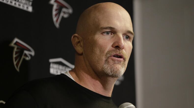 Atlanta Falcons head coach Dan Quinn speaks during a news conference after an NFL football game against the New York Jets, Sunday, Oct. 29, 2017, in East Rutherford, N.J. (AP Photo/Seth Wenig)