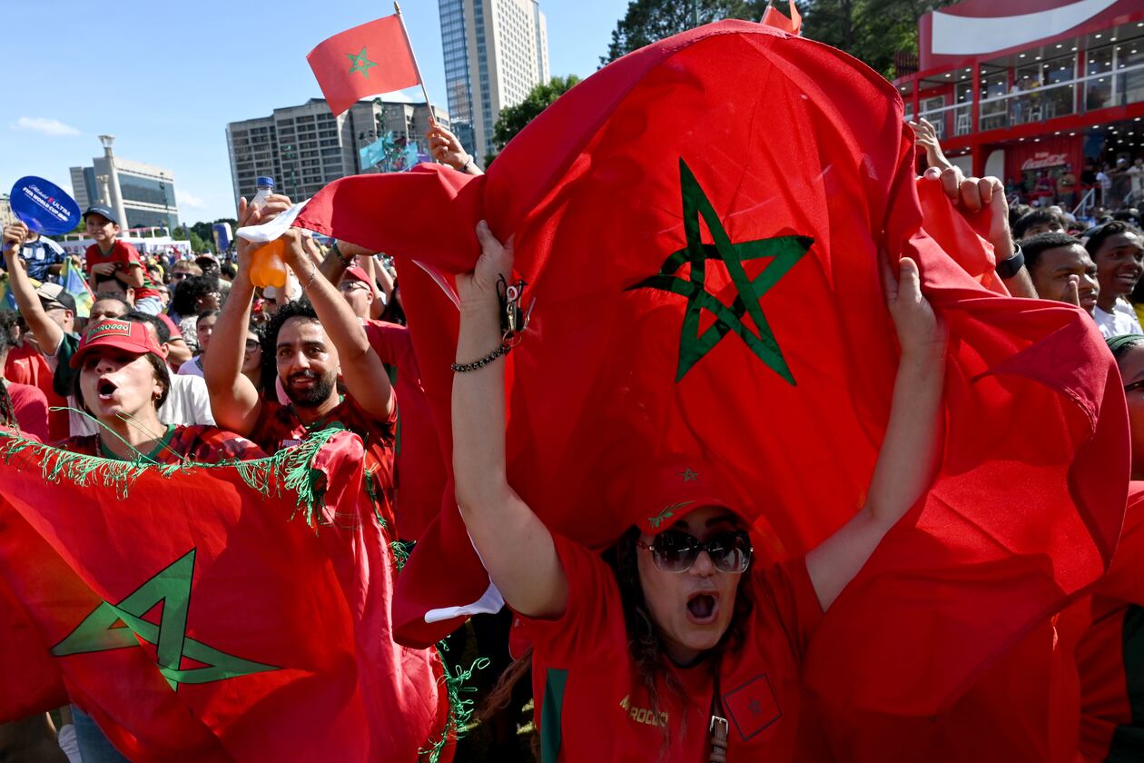 Local Moroccan fans cheer as they gather for a watch party ahead of the match against Brazil at the FIFA Fan Festival in Centennial Olympic Park on Saturday, June 13, 2026, in Atlanta. (Hyosub Shin/AJC)