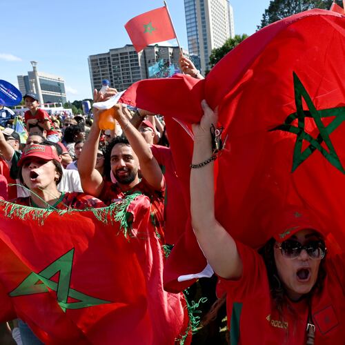 Local Moroccan fans cheer as they gather for a watch party ahead of the match against Brazil at the FIFA Fan Festival in Centennial Olympic Park on Saturday, June 13, 2026, in Atlanta. (Hyosub Shin/AJC)