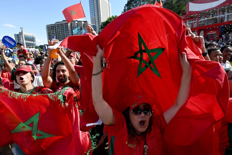 Local Moroccan fans cheer as they gather for a watch party ahead of the match against Brazil at the FIFA Fan Festival in Centennial Olympic Park on Saturday, June 13, 2026, in Atlanta. (Hyosub Shin/AJC)