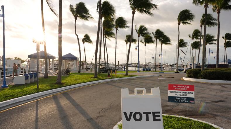 Signs indicate a polling place at Miami City Hall, on Election Day, Tuesday, Nov. 4, 2025, in Miami. (AP Photo/Rebecca Blackwell)