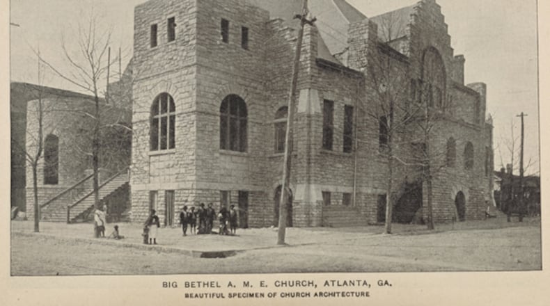 Big Bethel A.M.E. Church, as it appeared circa 1900. A fire in 1923 gutted the building. It was restored over the next decade by black architect J.A.. Lankford and builder Alexander Hamilton in the Romanesque Revival style. The famous spire with the "Jesus Saves" sign was added at this time. (Schomburg Center at New York Public Library)