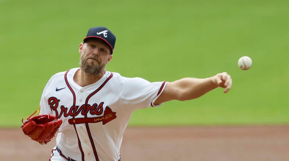 The Braves' Chris Sale — pictured delivering a pitch against the Athletics on Wednesday, April 1, 2026 — joins fellow starting pitchers Reynaldo López, Grant Holmes and Bryce Elder as having allowed just five earned runs in 29 innings in the early going this season. (Miguel Martinez/ AJC)