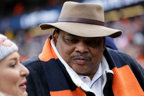FILE - Former Chicago Bears player William Perry arrives during the first half of an NFL football game between the Bears and the Detroit Lions, Sunday, Jan. 3, 2016, in Chicago. (AP Photo/Nam Y. Huh,File)