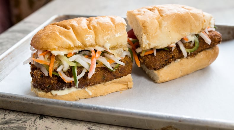 Falafel Po-Banh with cauliflower falafel, pickled vegetables and remoulade at Bon Ton.