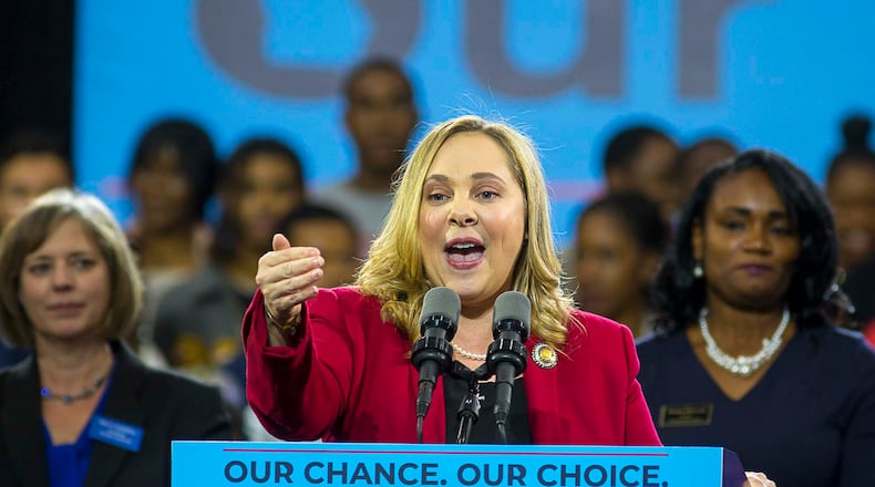 11/02/2018 -- Atlanta, Georgia -- Sarah Riggs Amico, Democratic nominee for Lieutenant Governor, )speaks during a rally for gubernatorial candidate Stacey Abrams in Forbes Arena at Morehouse College, Friday, November 2, 2018. (ALYSSA POINTER/ALYSSA.POINTER@AJC.COM)