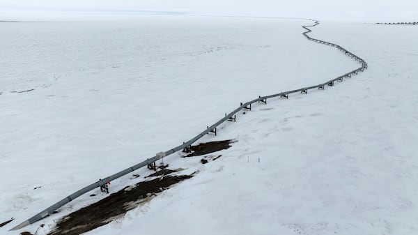 The start of the Trans-Alaska Pipeline is seen, bottom left, at the Pump Station 1 on Monday, June 2, 2025, located near Deadhorse, Alaska, on the state's prodigious North Slope. (AP Photo/Jenny Kane)